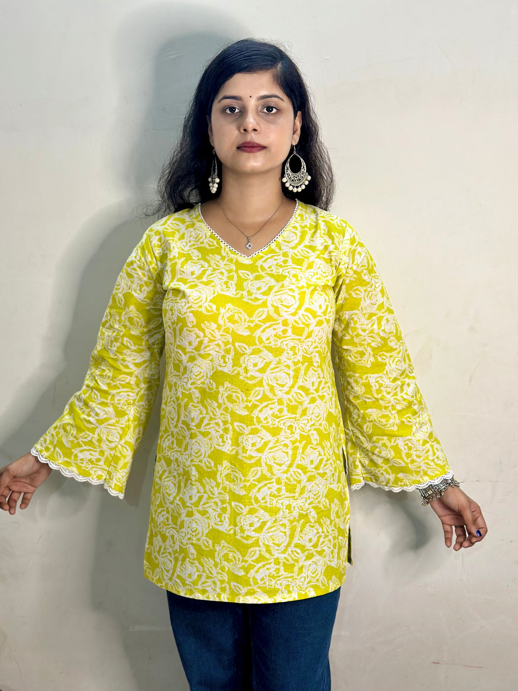 Lemon Glow Lace Short Kurti