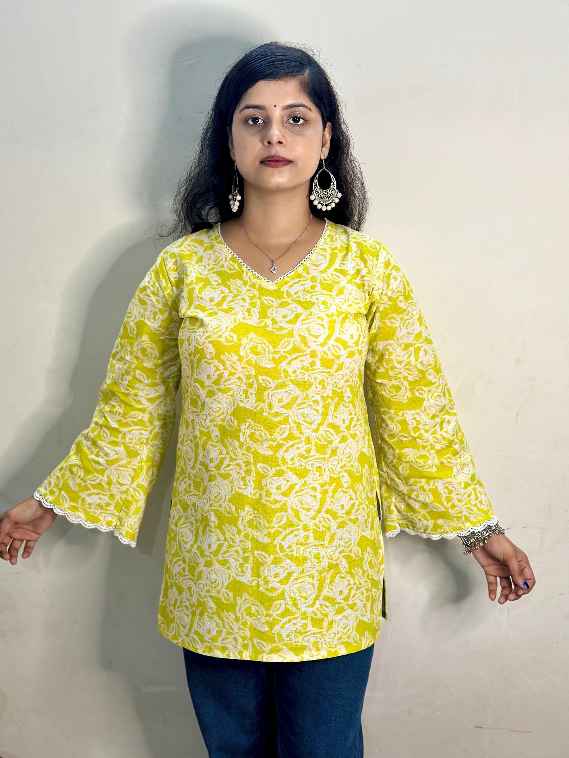 Lemon Glow Lace Short Kurti