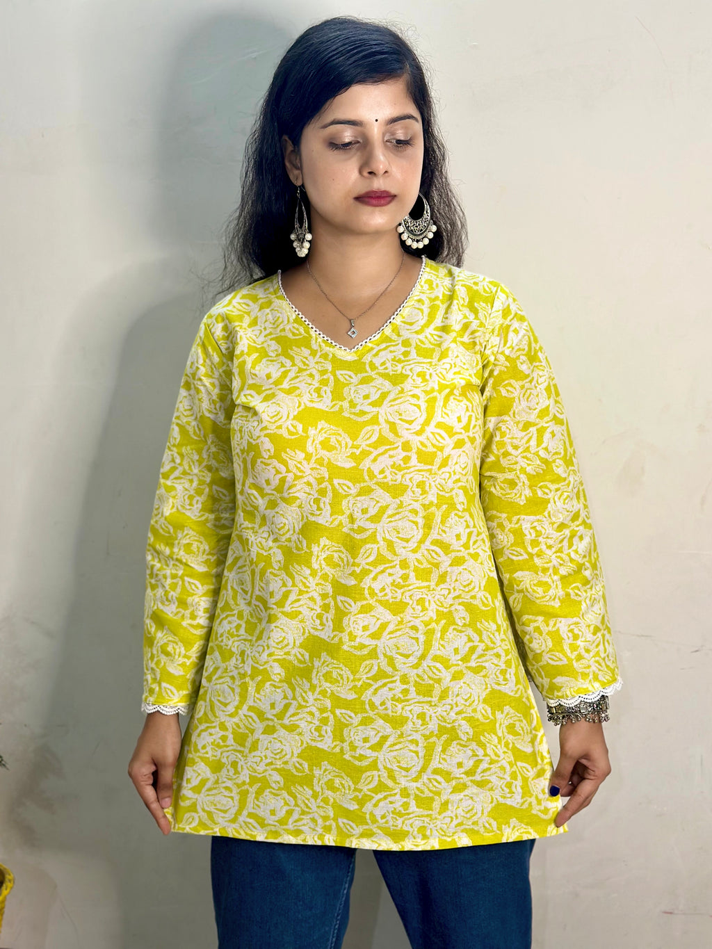 Lemon Glow Lace Short Kurti