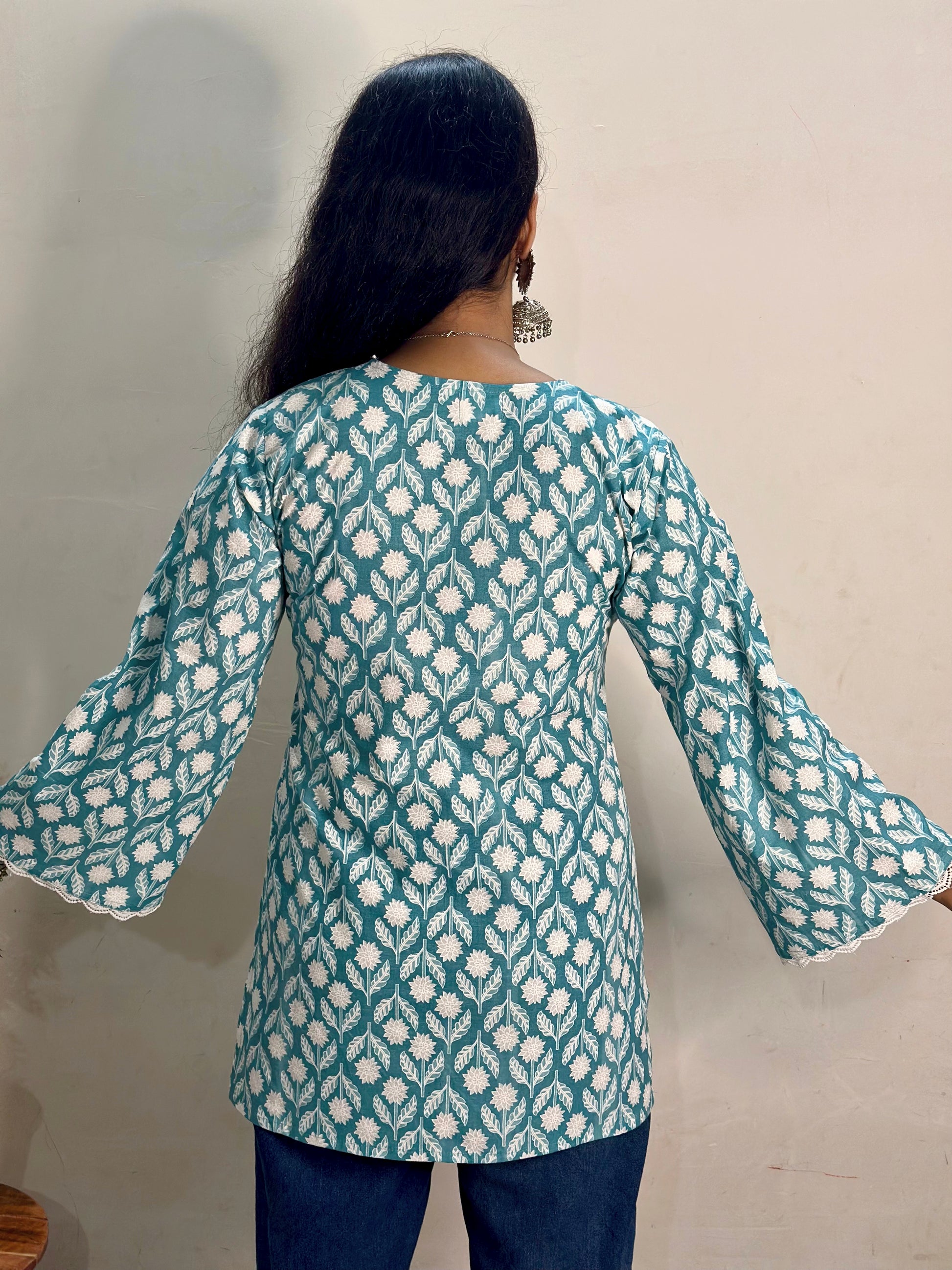 Teal Blossom Cotton Printed Kurti
