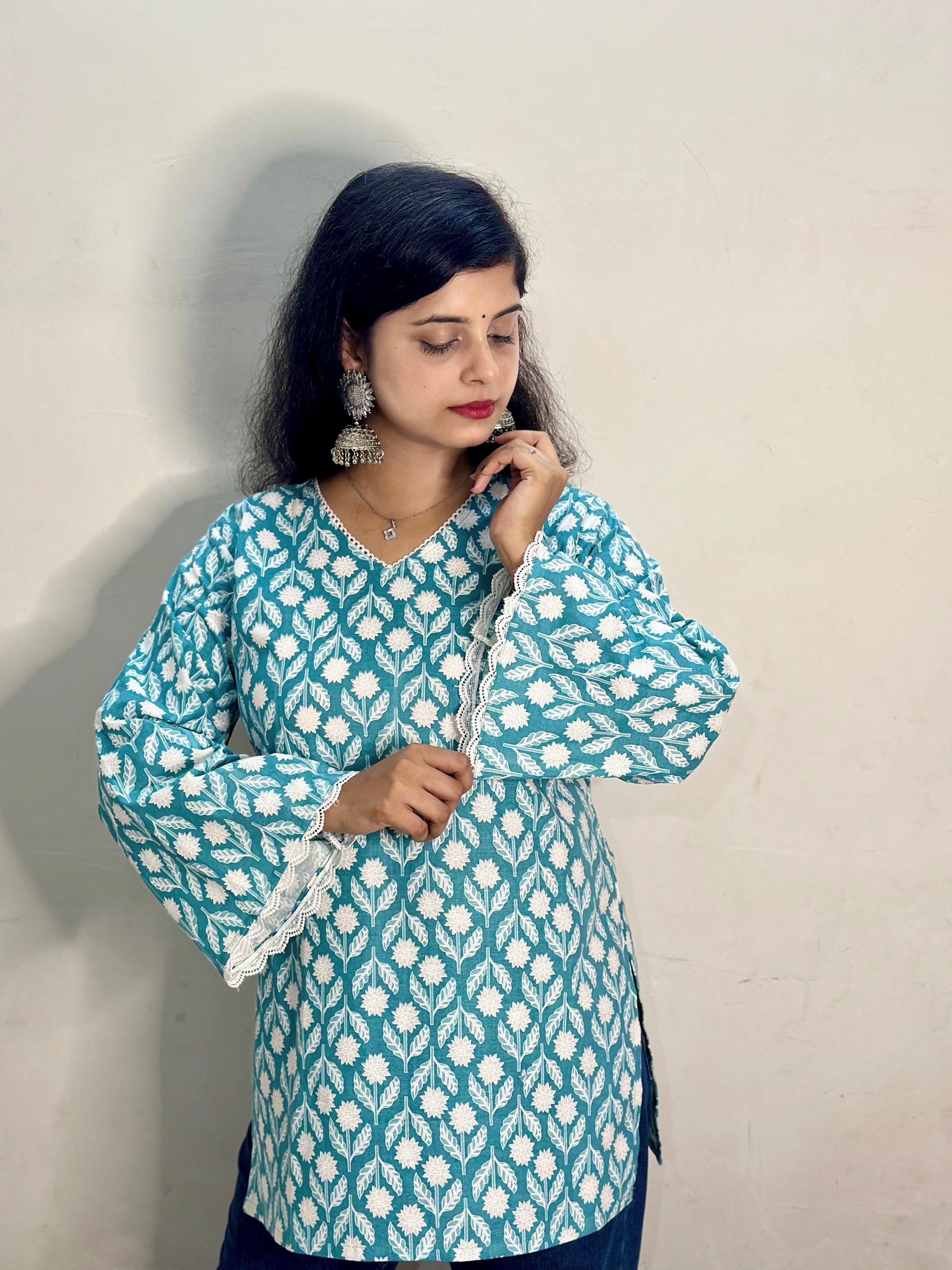 Teal Blossom Cotton Printed Kurti