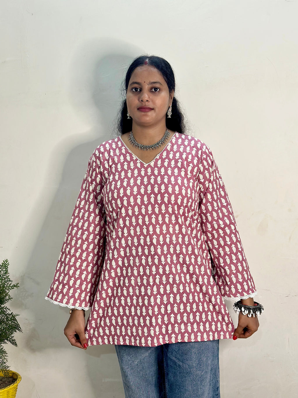 pink base with white leaf prints