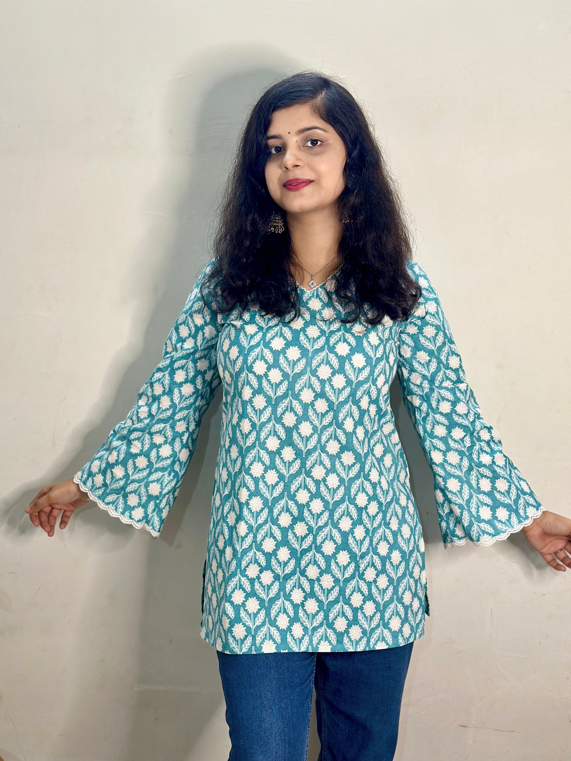 Teal Blossom Cotton Printed Kurti