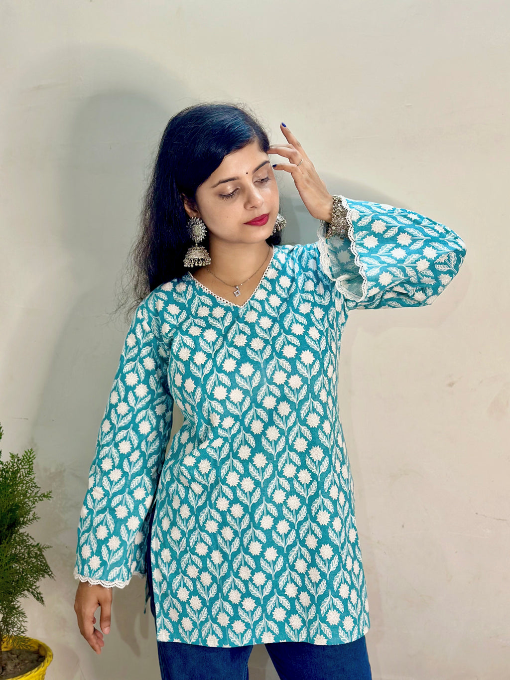 Teal Blossom Cotton Printed Kurti