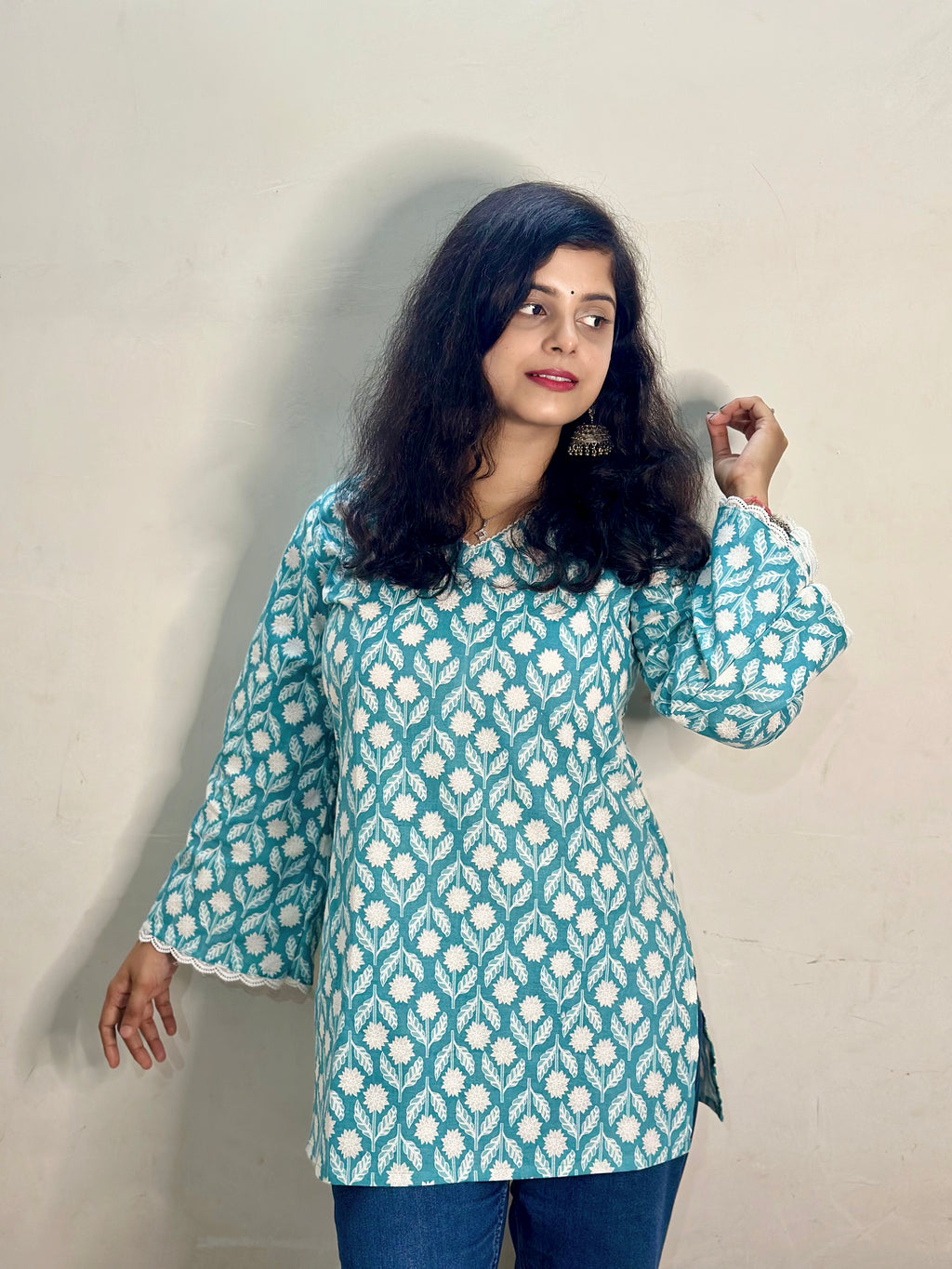 Teal Blossom Cotton Printed Kurti