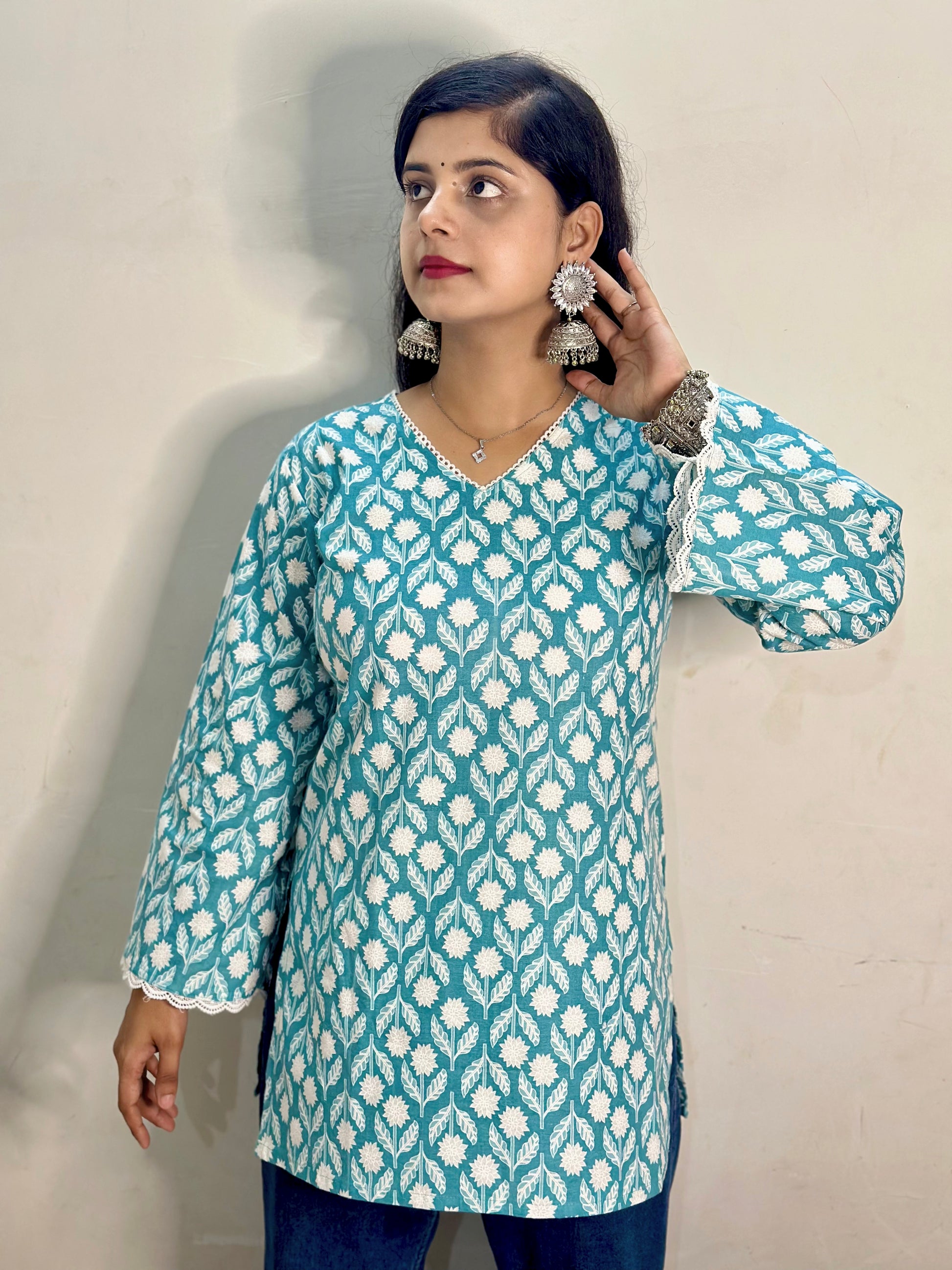 Teal Blossom Cotton Printed Kurti