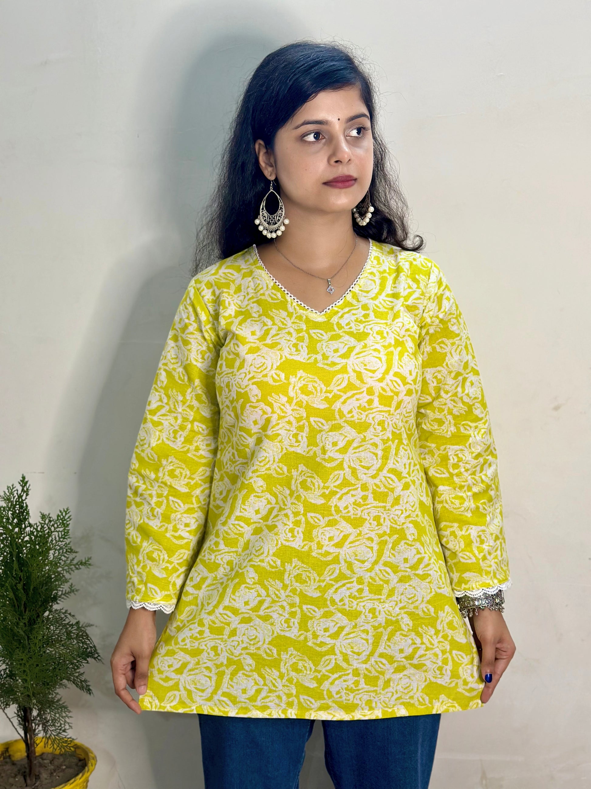 Lemon Glow Lace Short Kurti