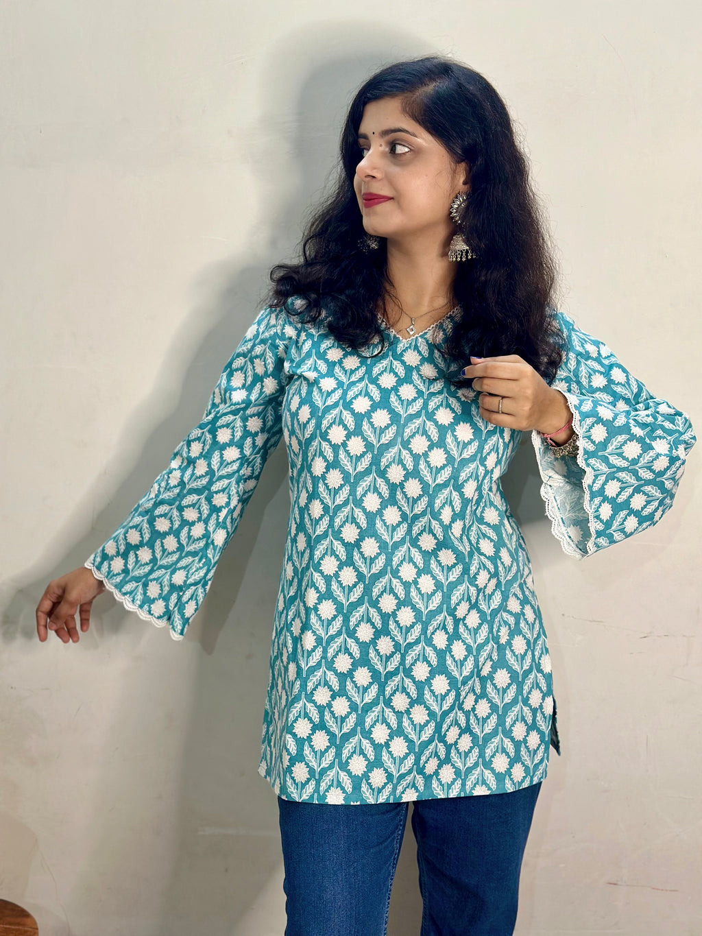 Teal Blossom Cotton Printed Kurti