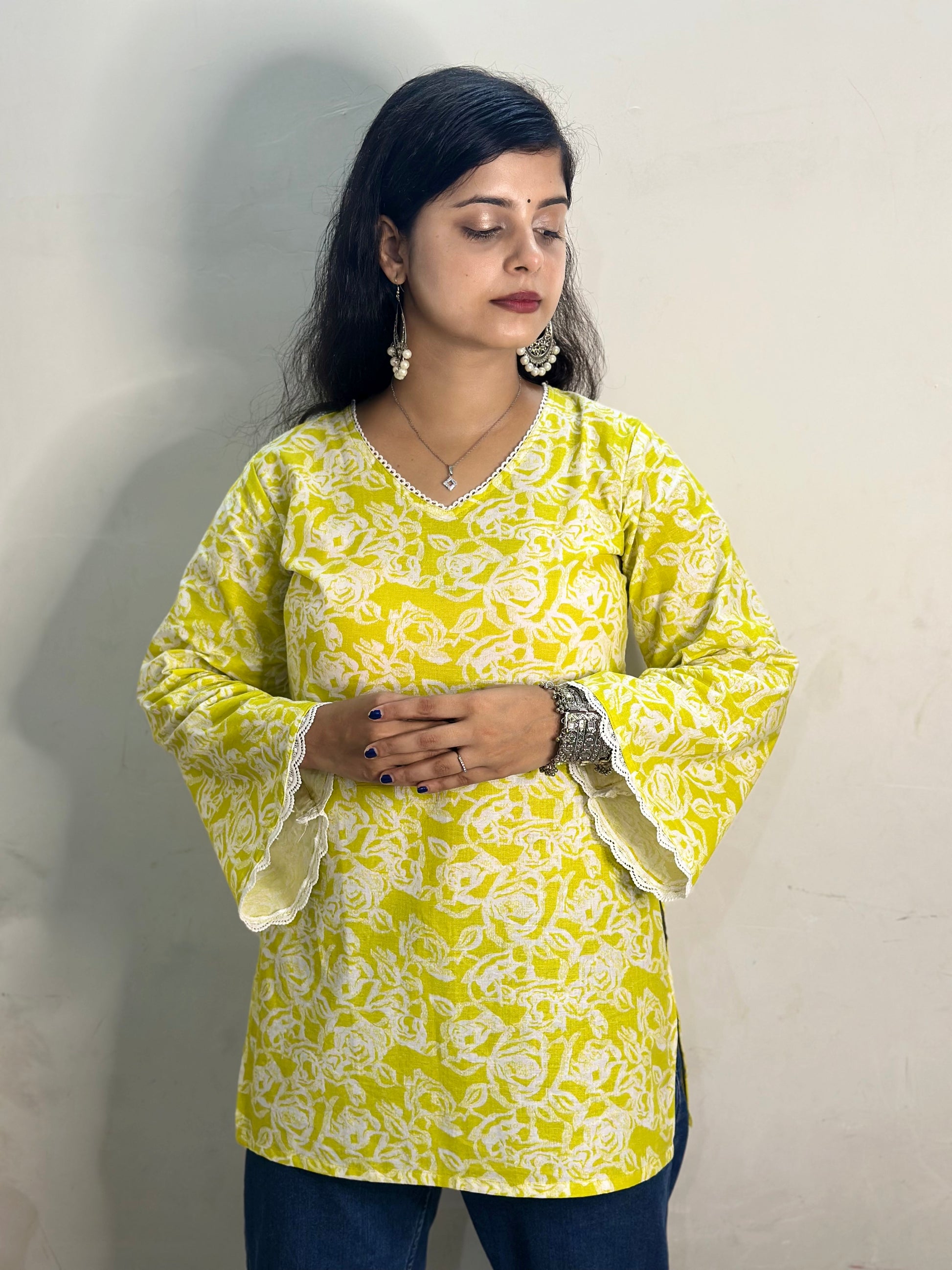 Lemon Glow Lace Short Kurti