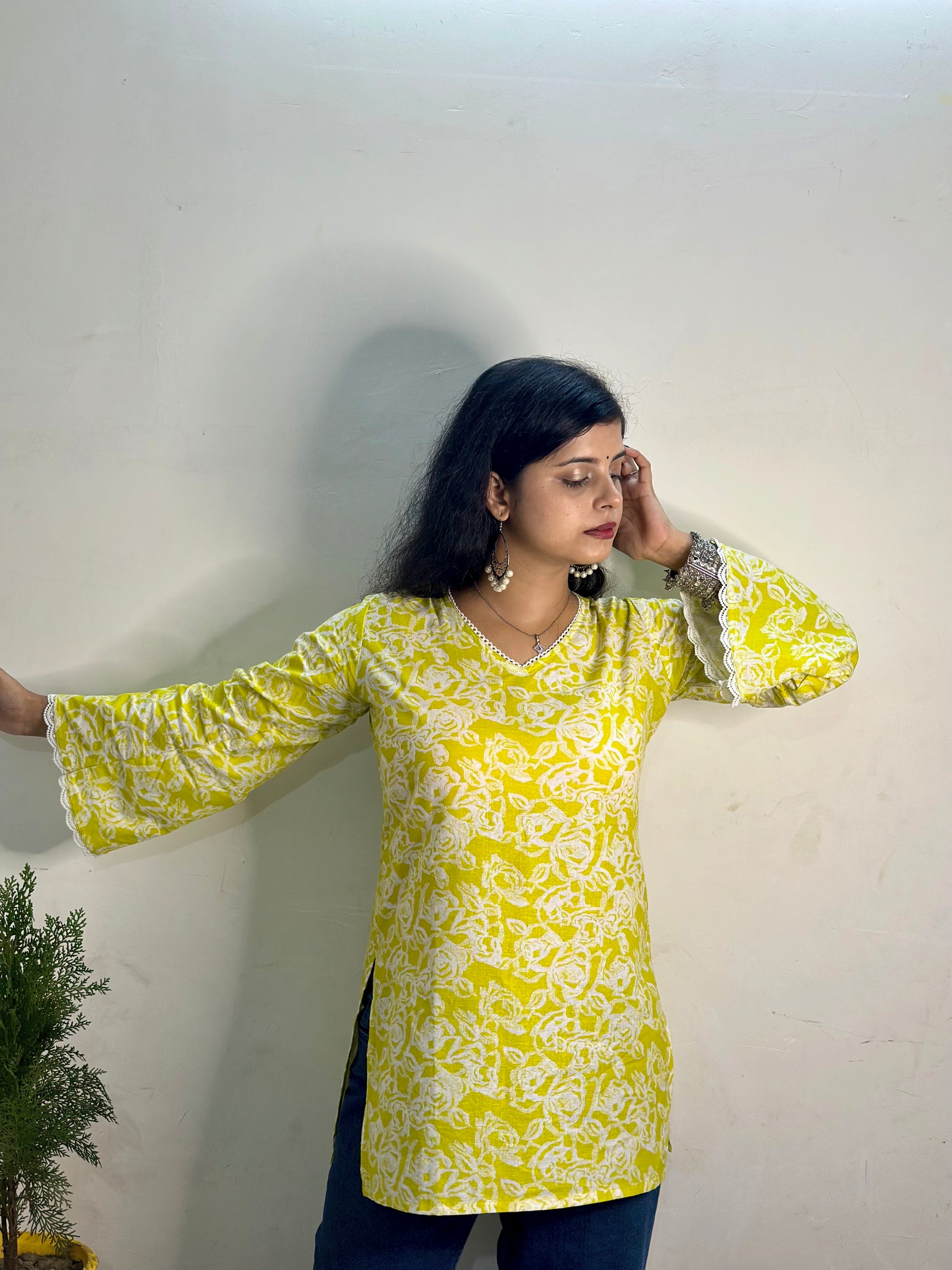 Lemon Glow Lace Short Kurti